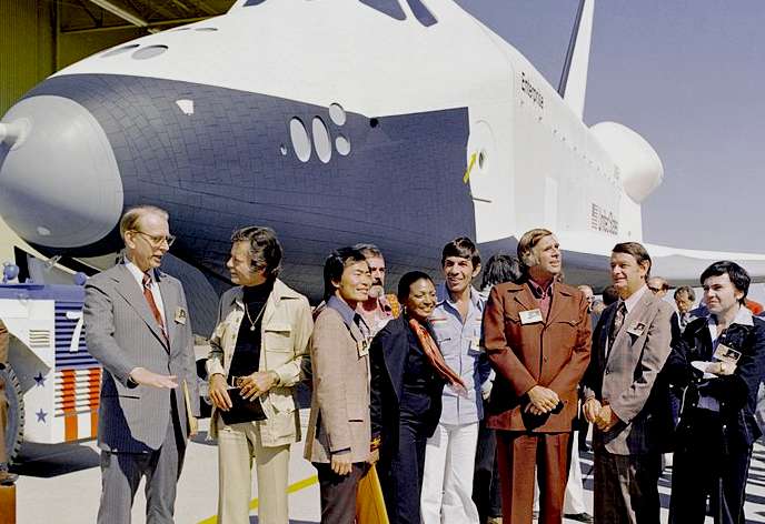 The space shuttle Enterprise with the crew of the USS Enterprise, Star Trek