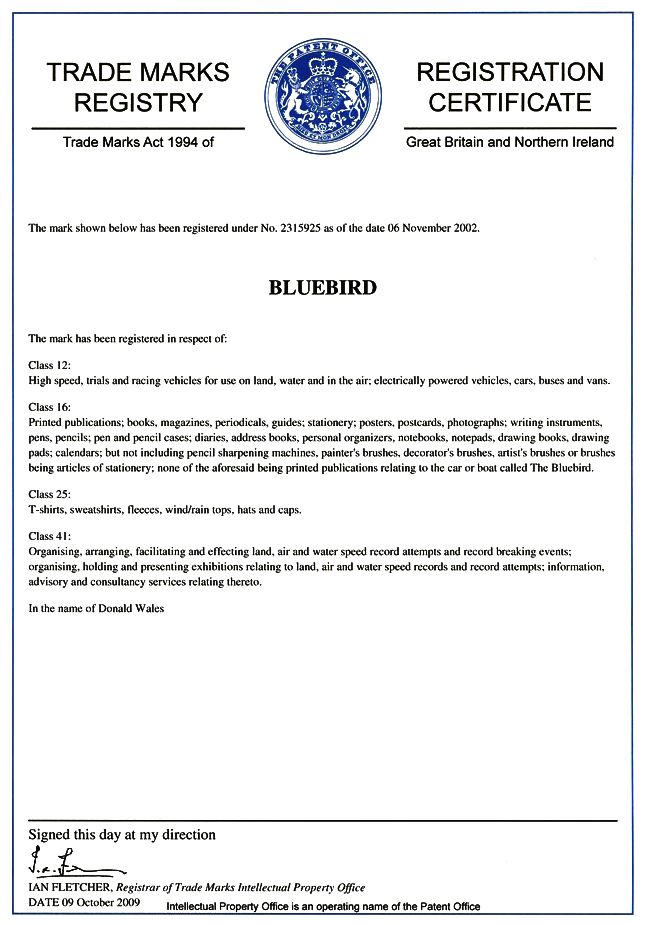 Bluebird trademark, yachts, vehicle parts