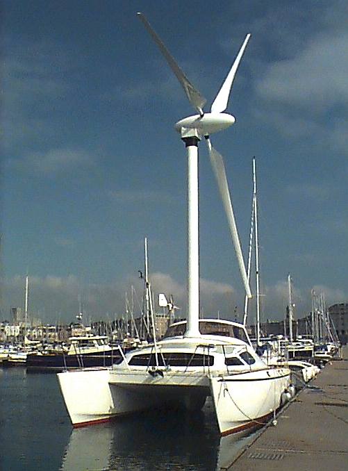 ROTARY WIND POWER: A daring conversion; wind turbine powered catamaran 