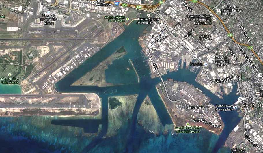 Map of Honolulu - International Airport left and Sand Island right