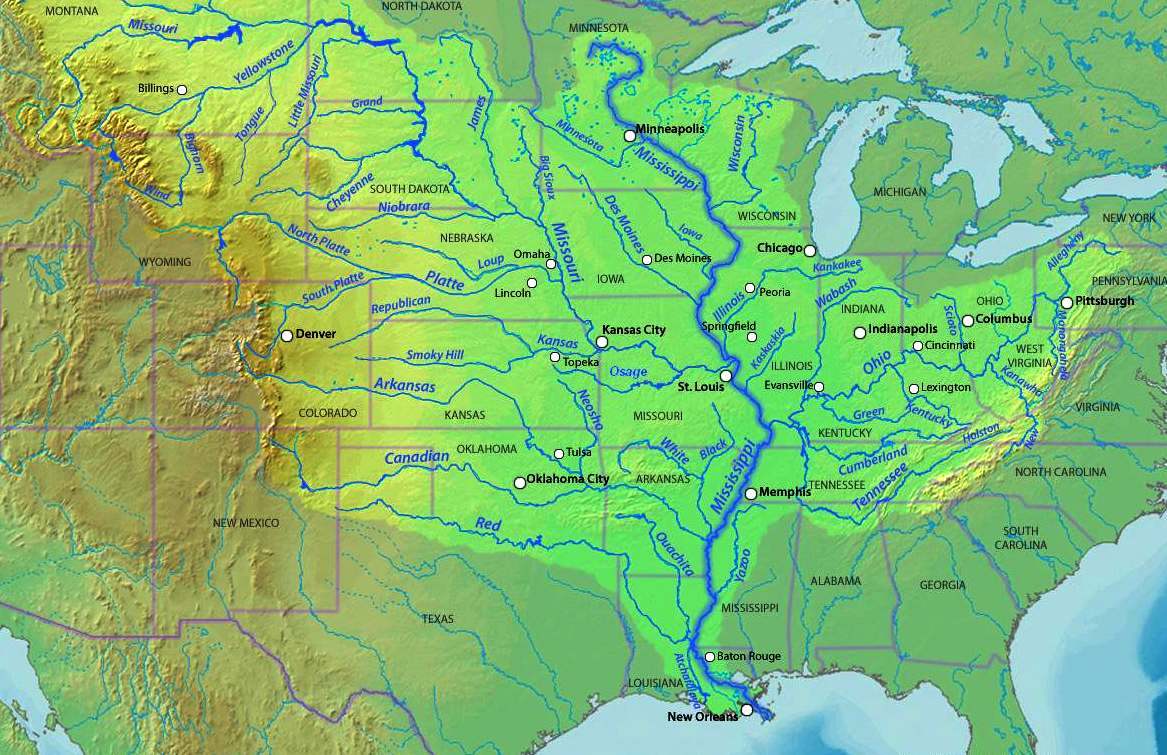 Map of the Mississippi basin, USA land drainage