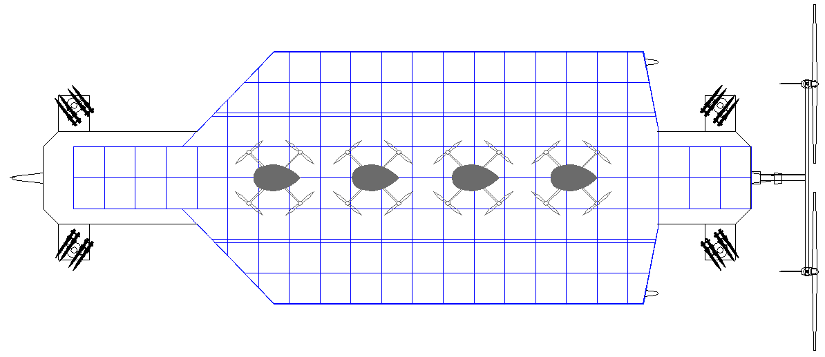 Aircraft Carrier drone with squadron of four quadcopters
