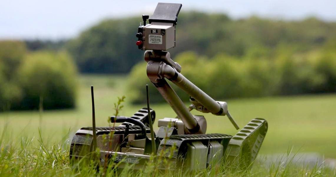 A small tracked robot guarding a park