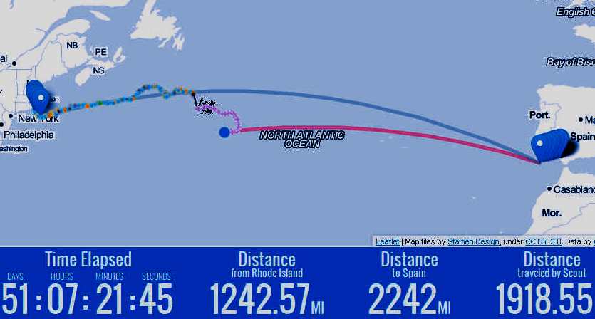 Map of the North Atlantic Ocean, Scout on a return heading to Florida