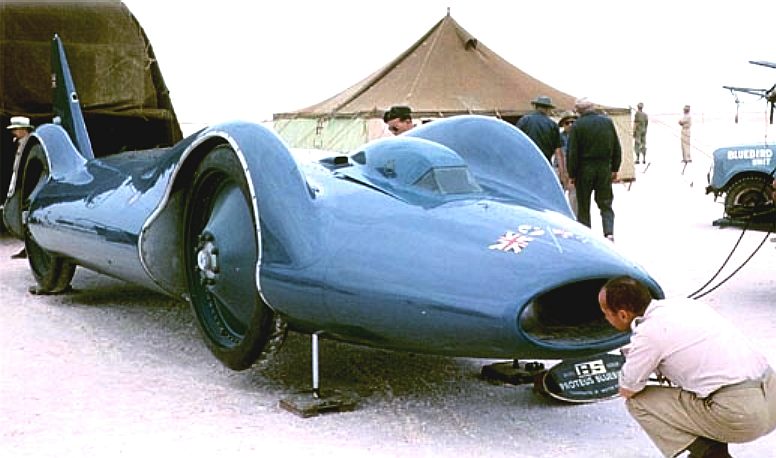 Bluebird CN7 on jacks at Bonneville Salt Flats