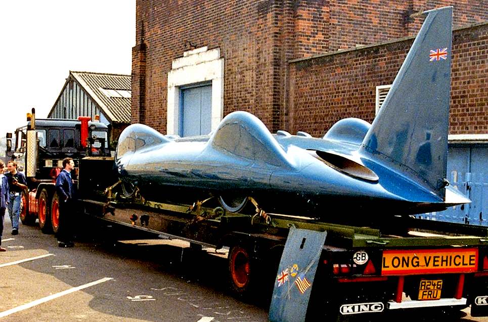 Bluebird CN7 jet powered car on a low loader