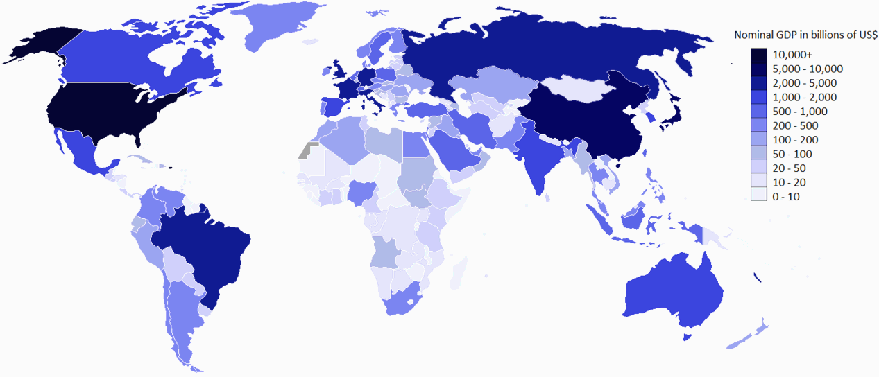 Map of the world showing GDP in $billions of US dollars