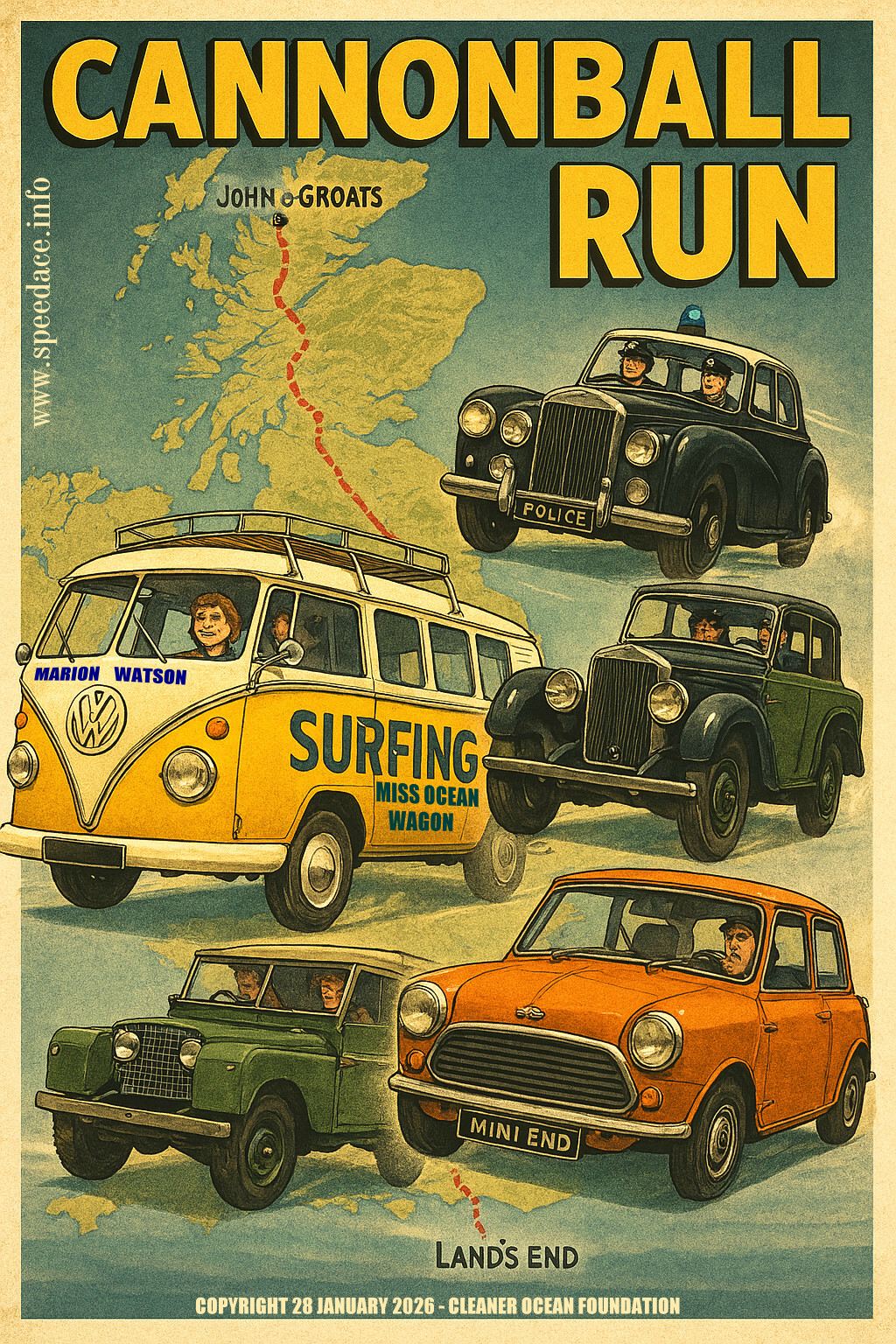The Great British Cannonball Run. John O'Groats to Land's End, Scotland to Cornwall, road race.