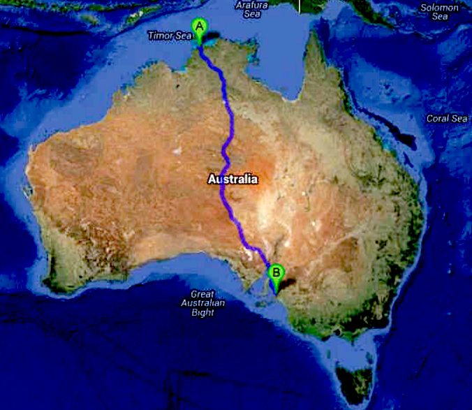 Route map of Australian Cannoball EV Run, from Darwin to Adelaide