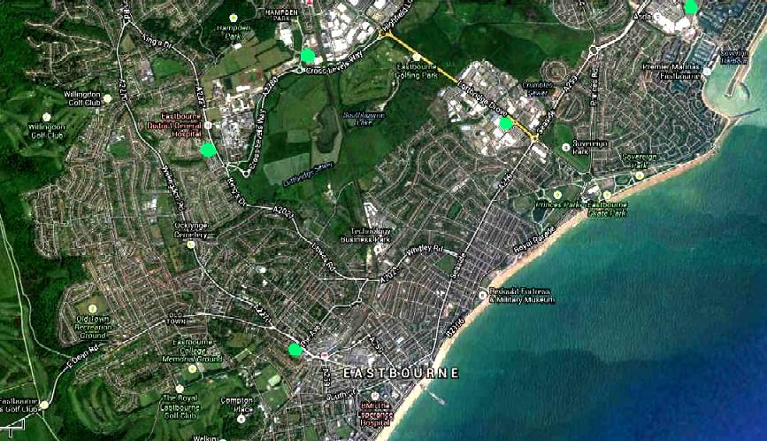 Google Earth map of Eastbourne showing EV service station locations