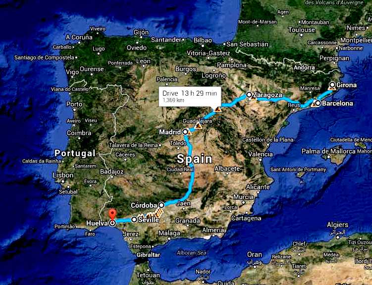 Map of the Spanish Cannonball Run - Girona to Huelva