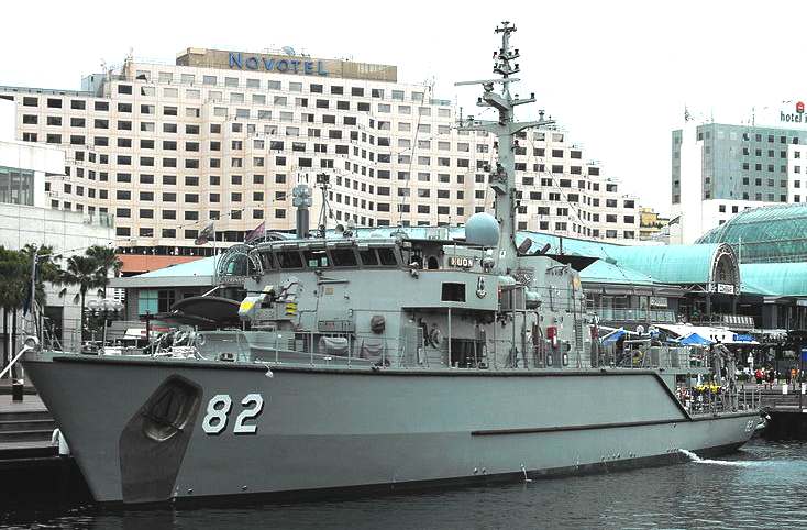 Huon class mine hunter in Sydney harbour