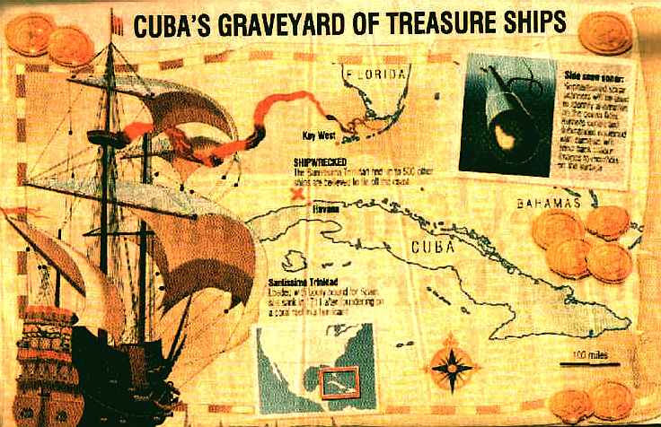 Map of Cuba, treasure hunters ship graveyard