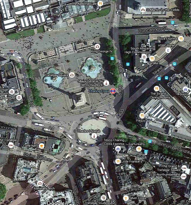 Trafalgar Square street map from Google satellite views