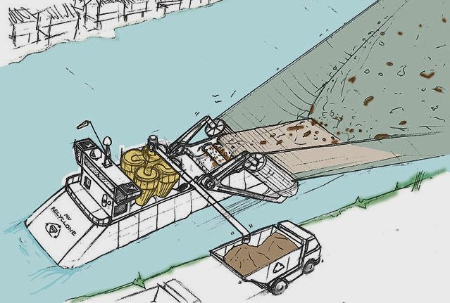 Drawing for a river cleaning boat incorporating hydro cyclonic filtration
