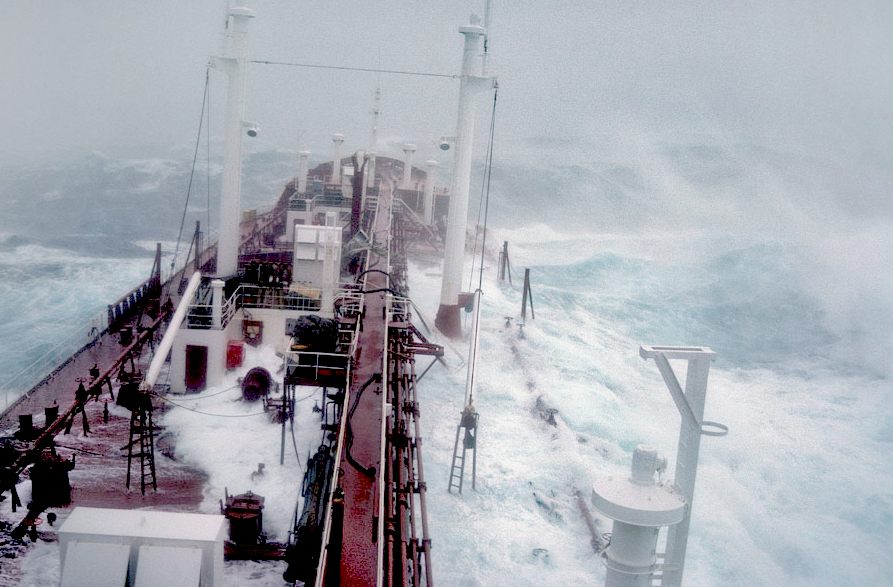 A ship riding out a storm at sea