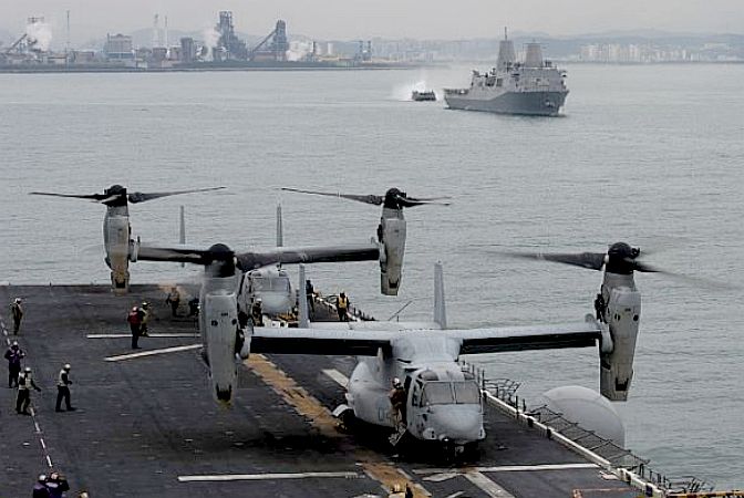 Tilt rotor vertical take off Osprey aircraft, US Navy, Korea