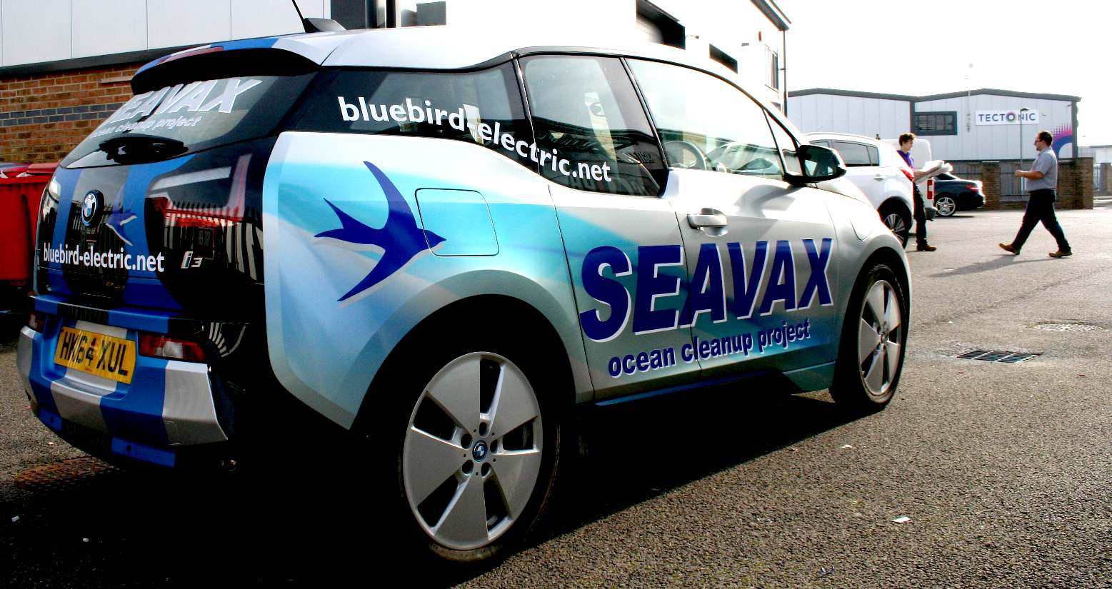 BMW i3 electric car vinyl wrapped with SeaVax and bluebird logos