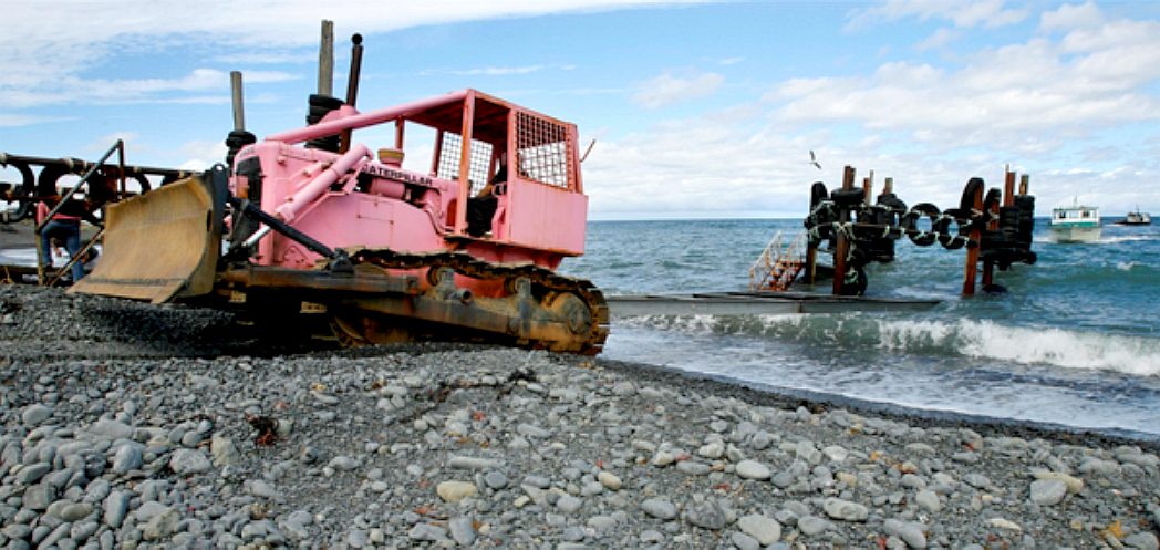 Ngawi, New Zealand, Babe the bulldozer watis with a tralier to recover a fishing boat