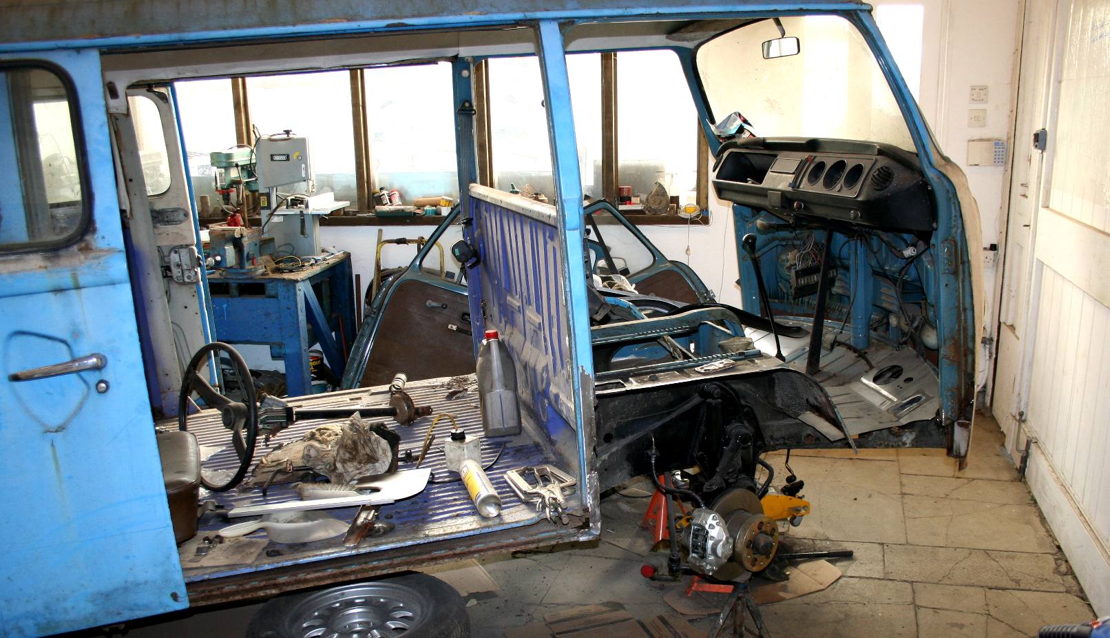 Volkswagen classic camper bus in the workshop for restoration