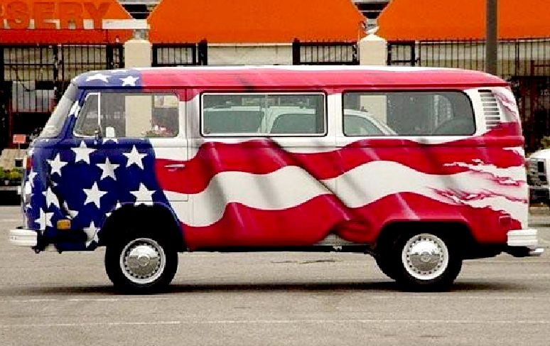 VW camper vinyl wrapped in US flag