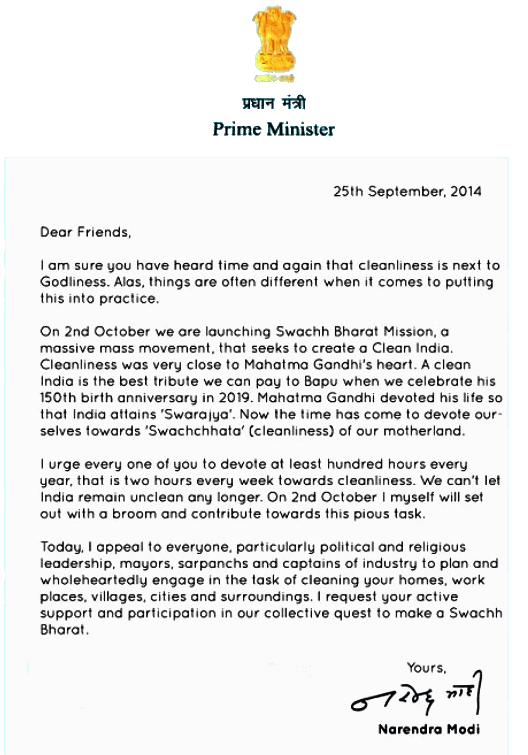 Letter from Narendra Modi 25 September 2014