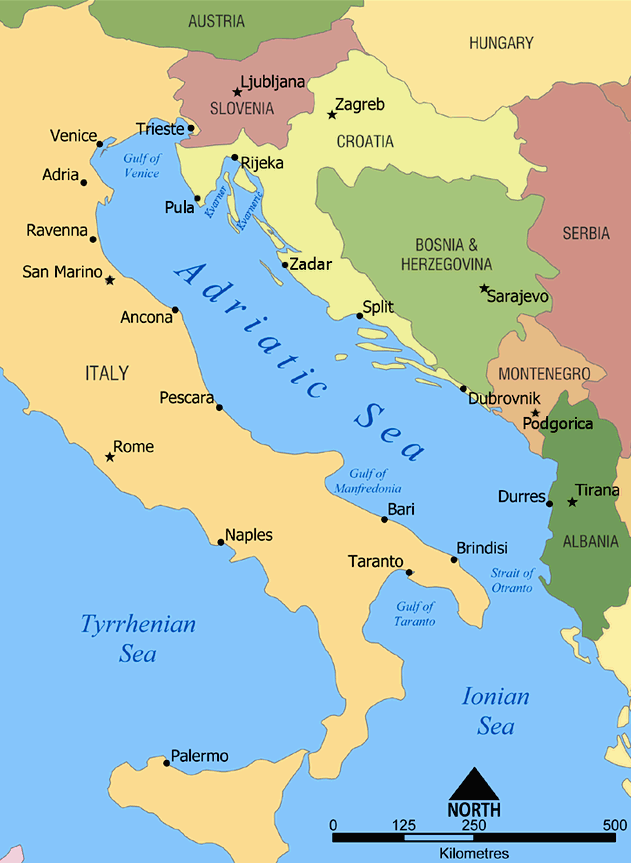 Map of the Adriatic Sea, Ionian, Tyrrhenian