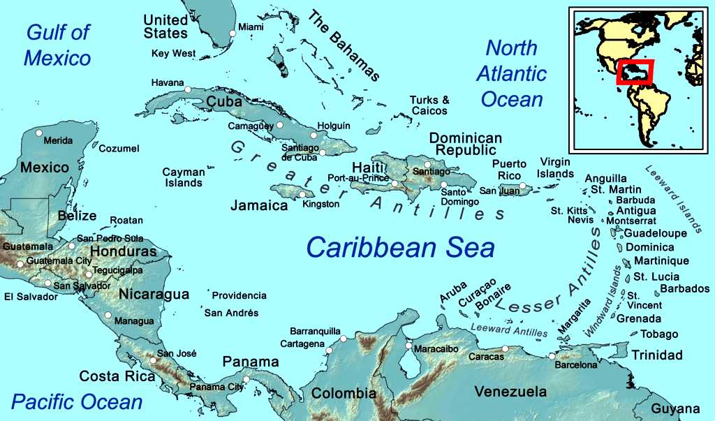 Map of the Caribbean Sea, with inset showing world location
