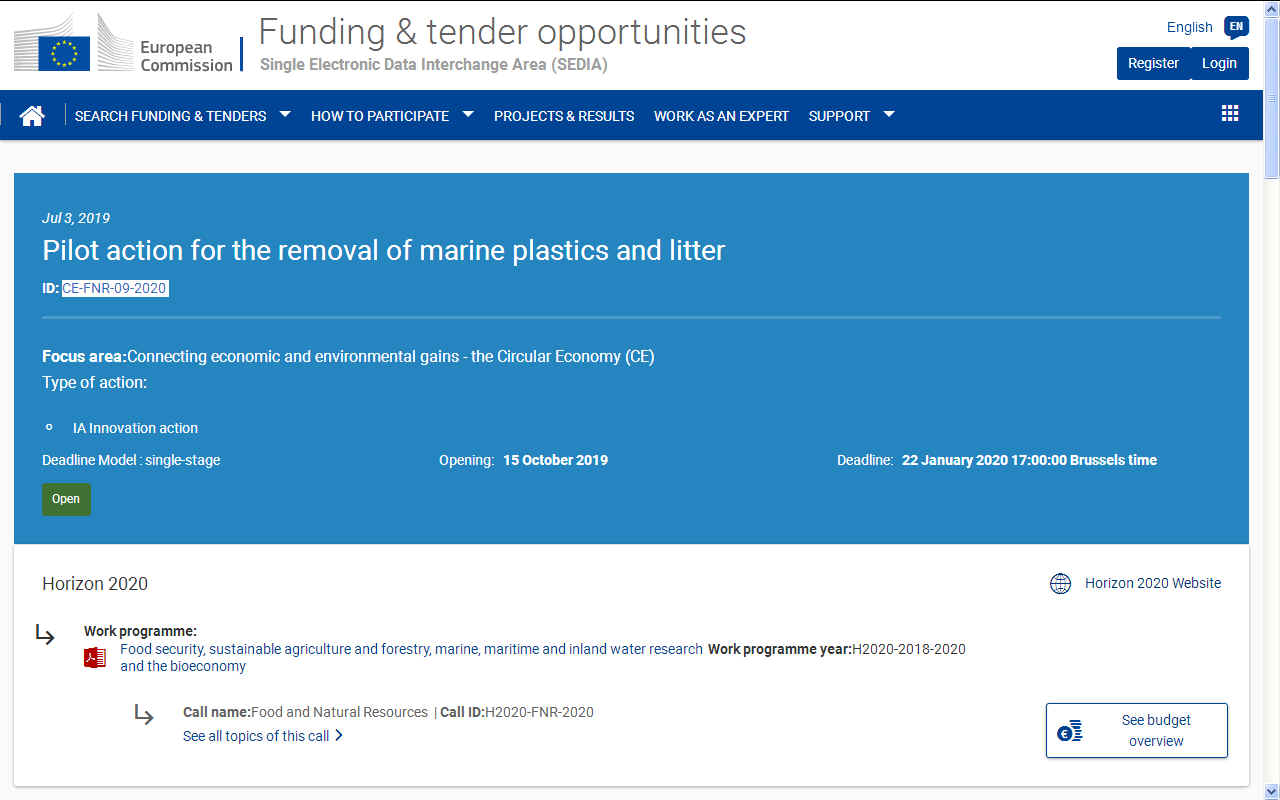 H2020 CE FNR 09 PILOT ACTION RESEACH INNOVATION MARINE PLASTIC LITTER