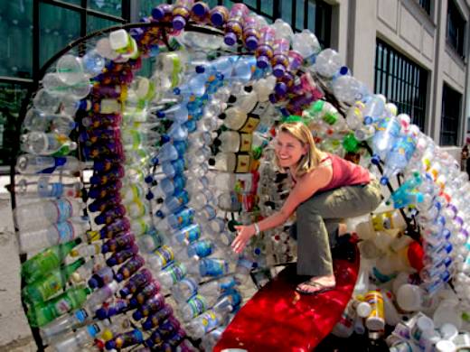 Kathleen Egan with her pastic surfing wave sculpture