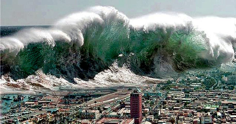 Artists impression of a giant tsunami wave engulfing a coastal city