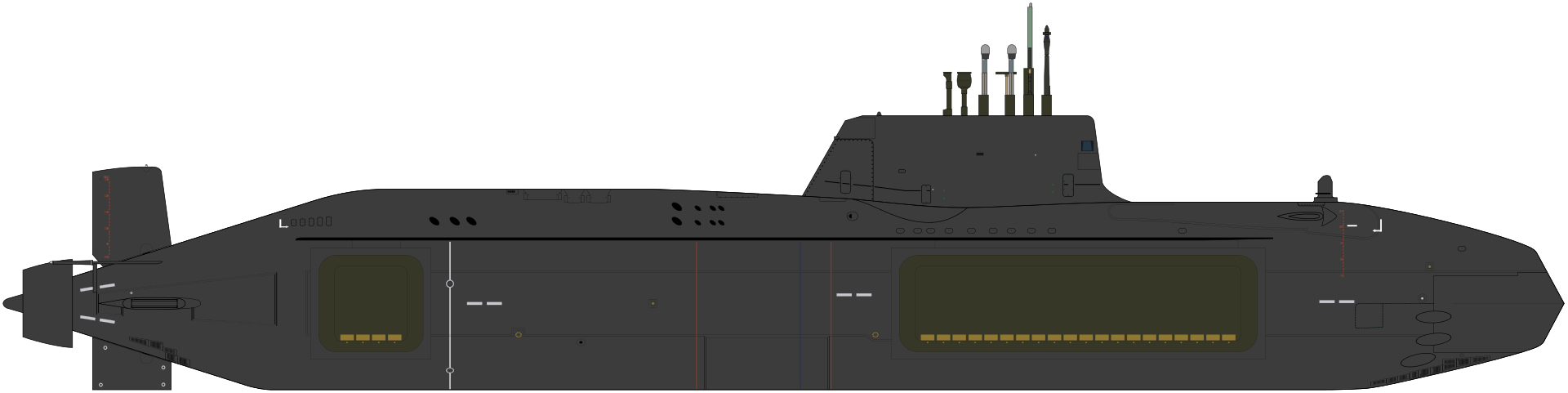 Diagram of an Astute class nuclear submarine in profile