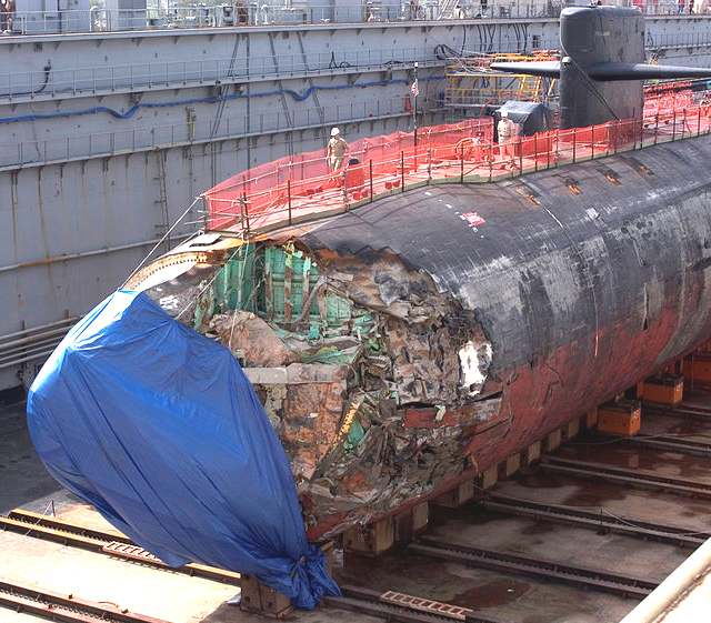 Damaged nuclear submarine after running aground