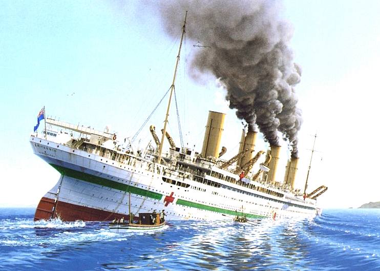 Britannic going down by the head, starboard roll